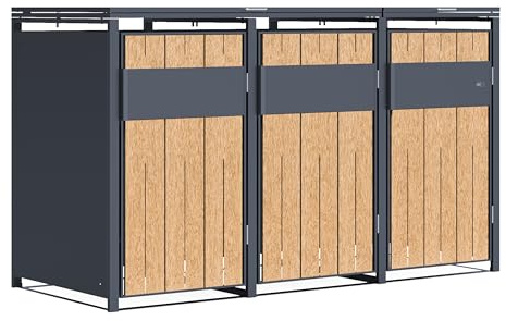 AXI Luke Cache Poubelle en Métal, Anthracite/Effet Bois - Abri Poubelle pour 3 conteneurs - Max. 240L - Abri Poubelle Extérieur avec Excellente Ventilation
