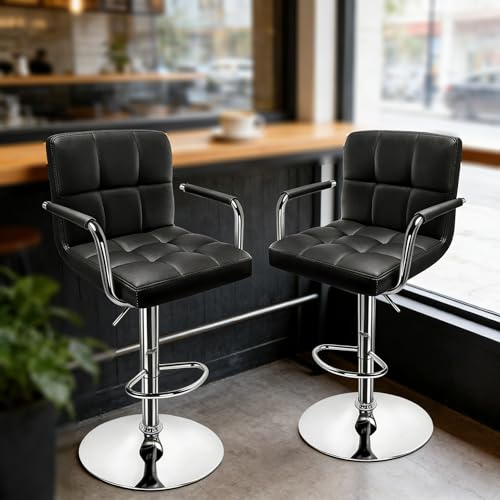 WoRaum Barhocker 2er-Set,Barstühle mit Lehne, Armlehne und Fußstütze,360° Drehung Moderner PU-Kunstleder Barstuhl,Höhenverstellbar 55-76cm(Schwarz PU, Silber Basis)