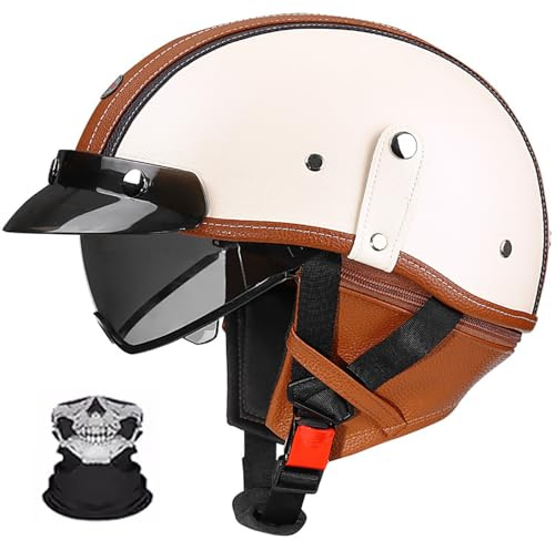 Frcychri Halbschalenhelm, Retro Motorrad Helm, Scooter-Helm, Mit Sonnenblende Und Herausnehmbares Atmungsaktives Futte Halbschalenhelm Herren Mit ECE, Für Cruiser Chopper Biker D,S (53-54)