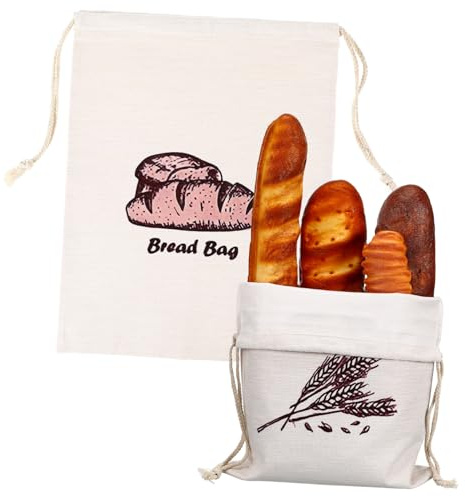 Uonlytech Paquet à Pain en Lin Composté Réutilisables Cordon de Serrage, Lot de 2 Pièces, Charme Rustique pour Rangement de Pain et Produits Frais Cuisine