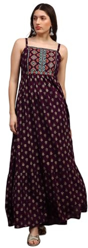 Globus Women's Black Ethnic Print Fit and Flare Maxi Dress with Embroidered Detail Square Neck and Shoulder Straps