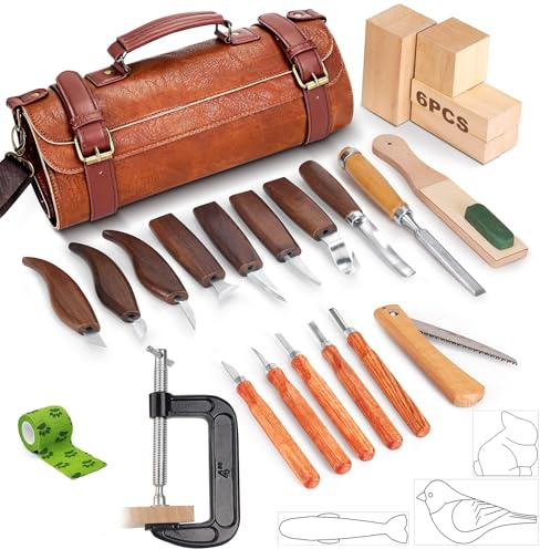 Holzschnitzwerkzeuge，27-teiliges Holzschnitzmesser-Set，Holzschnitzmesser-Werkzeugset für Anfänger mit PU-Ledertasche, feines Holzschnitzset für Heimwerker-Bildhauer und Holzbearbeitungsexperten
