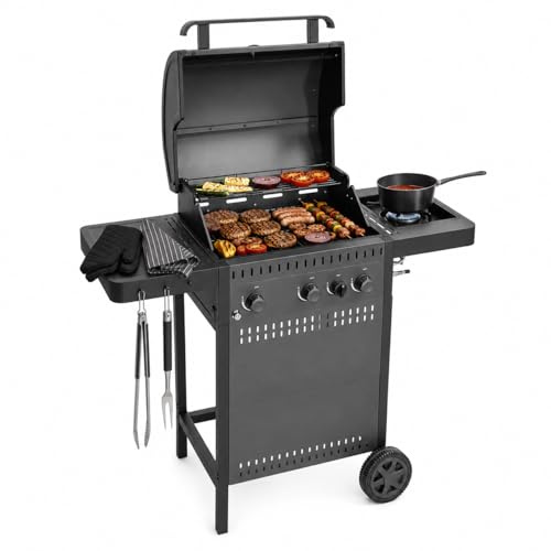 Amig - Gasgrill IGNIS 3+1 (3 Brenner + 1 Seitenbrenner) - 117 x 55 x 110 cm - Grillfläche 54 x 38 cm - Mit Thermometer, Seitenablagen, Rädern und Gusseisenrost - Schwarz