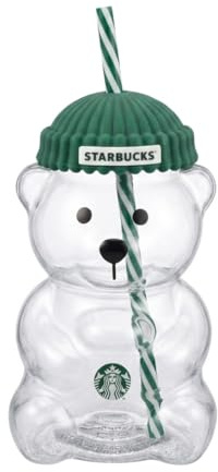 STARBUCKS Vaso Bearista Glass de Vidrio con Forma de Oso, Tapa Verde con Diseño de Gorro Verde, Popote a Rayas