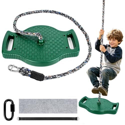 4-in-1 Kletterseil Schaukel Kinderschaukel mit Großem Scheiben Schaukelsitz | Stehen, Sitzen, Klettern und Sich Aufhängen mit Verstellbarem Seil & Baumschutzgurt, Schaukel für Spielplatz Zubehör, Grün