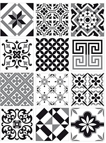 Stickers carreaux de ciment Noir, Gris, Blanc. Planche 12 carreaux ciment adhésifs GREYBLACK Stickers décoratifs. Autocollant mural - GREYBLACK - Dimensions d'un Sticker : 20 x 20 cm