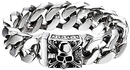 JewelryWe Schmuck Großes Edelstahl Panzerkette Armband Herren mit Fleur de Lis und Schädel, Biker Gotik, Poliert, Silber/Schwarz/Gold