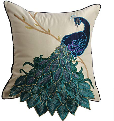 vctops Embroidered Peacock Decorative Throw Pillow Case Silky Satin Cushion Cover Peacock 2 18X18