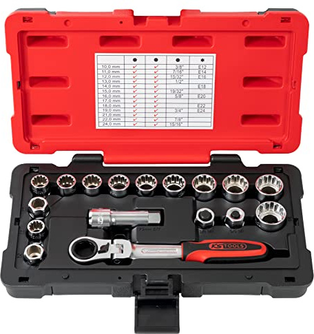 KS Tools 922.4040 3/8 Zoll + 1/2 Zoll Steckschlüssel-Satz, 10-24 mm, TRIPLEplus-Serie, 19 mm Außenantrieb, seidenmattes Chrom-Finish, 17-teilig
