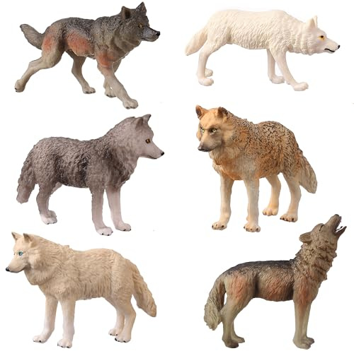 JOKFEICE Wolfsfiguren, 6 Stück Realistische Tierfiguren für Weihnachtsdekoration, Pädagogisches Spielzeug, Geburtstagsfeier, Kuchenaufsatz & Geschenk für Kinder