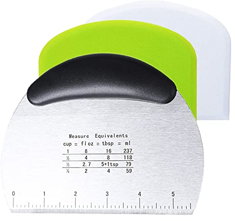 3 Pcs Dough Scraper Cutter Kitchen Scraper,1 Stainless Steel Pizza Spatula with Handle and Measuring Scale,2 Plastic Dough Cutter for Cakes, Pizza, Bread Cutting, Kitchen Supplies