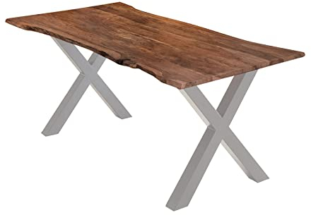 SAM Esstisch 220x100 cm Burgos, Akazienholz massiv + nussbaumfarben + lackiert, echte Baumkante, Baumkantentisch mit X-Gestell aus Metall Silber, Tischplatte 26 mm