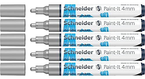 Schneider Paint-It 120254 - Pennarelli acrilici con punta rotonda da 4 mm, colori acrilici ad alta copertura per legno, tela, pietra e molto altro ancora, confezione da 5 pezzi, argento