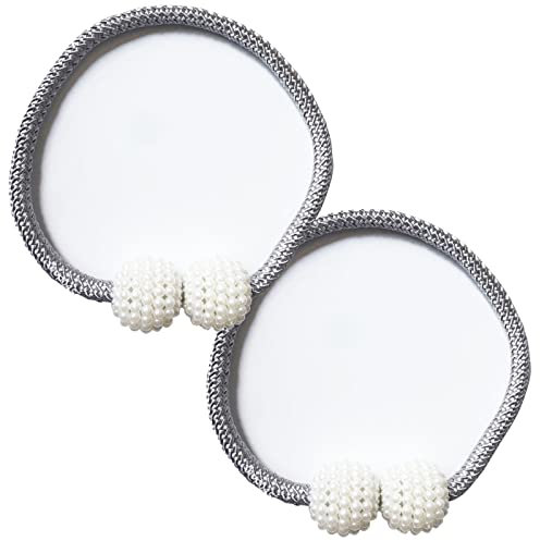 Curtain Tiebacks,Magnetic Curtain Tiebacks Pearl Ball Curtain Drapes Clips Rope Holdbacks for Home Office,2 Pieces (White)