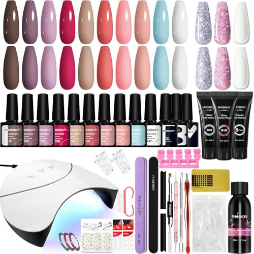 Gel Nail Polish Set with 36W U V Lamp Starter Kit, Phoenixy Gel Nails Kit with Poly Nails Soak Off UV Nail Polish Complete for Women (13+3pcs Gift Set)