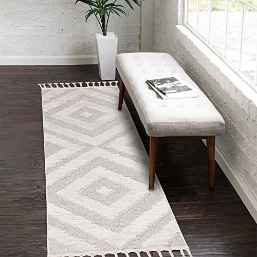 carpet city Teppich-Läufer Flur Boho-Stil Creme, Graublau - 80x300 cm - Rauten-Muster - Relief-Optik, 3D-Effekt - Cut-&Loop, Sisal - Moderne Fransen-Teppiche Schlafzimmer