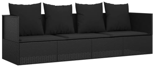 vidaXL Outdoor Loungebett, Verstellbar Gartensofa mit Kissen, Sonnenliege mit Stahlrahmen, Relaxliege Lounge Sofa, Schwarz Poly Rattan