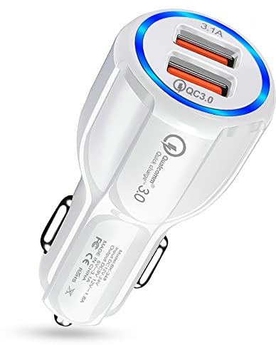 HORJOR Allume Cigare USB Charge Rapide, Chargeurs de Téléphone Portable pour Automobile 2 Ports, Quick Charge 3.0 Allume-Cigare Compatible avec iPhone, iPad, Samsung, Huawei, Xiaomi - Blanc
