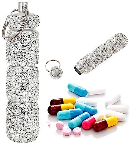 Bling Tragbares Pillenetui mit Schlüsselanhänger, glitzernder Strass, klein, ausgefallener Pillenbehälter, Glitzer, wasserdichter Pillenhalter, Schlüsselanhänger für Frauen, Aluminium-Pillenflasche,