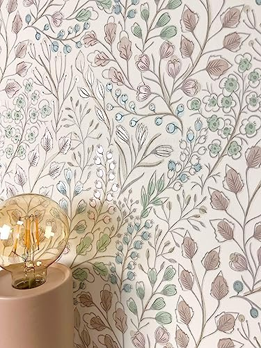Newroom Vliestapete Weiß Rosa Blumentapete Blätter Floral Wohnzimmer | Beerenmuster mit Zweigen Knospen Blüten, Pastelltöne Mint Taupe Hellblau, Mustertapete Schlafzimmer, Vintage-floral Boho