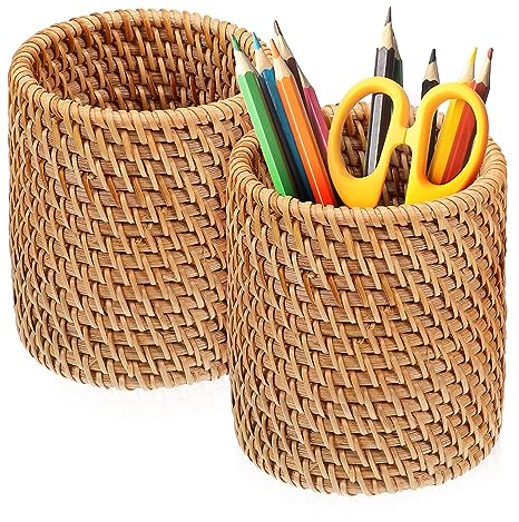 Alipis Rattan-Stiftebecher Gewebter Stiftehalter Make-Up-Pinselhalter Runder Desktop-Organizer Stifte-Aufbewahrungsbehälter Box 2 Stück