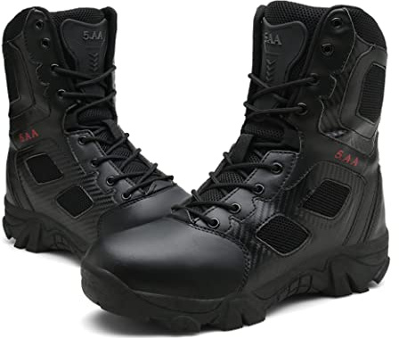 5.AA JX068 Leder Stiefel Kampfstiefel Einsatzstiefel mit Reissverschluss Militär Bundeswehr Wandern Tactical Boot Schwarz 44EU