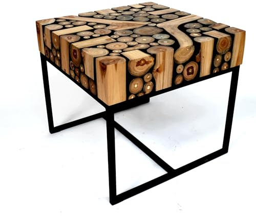 Brillibrum Design – Teakholz Couchtisch Baumscheibe – Sofa Tisch aus Teakholz – Handgefertigtes Unikat – Sitz Hocker – Beistelltisch aus Teak – 42x45x45 cm