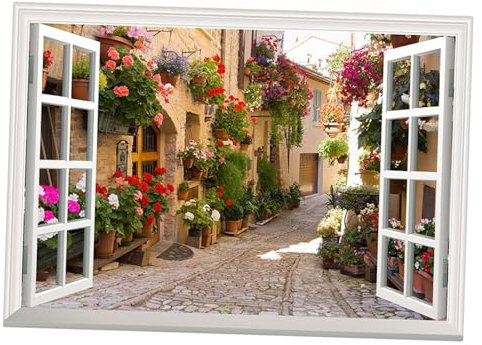 Perfk Autocollant Mural Fausse Fenêtre avec Paysage, Décor d'Image pour la Maison, 50cmx70cm