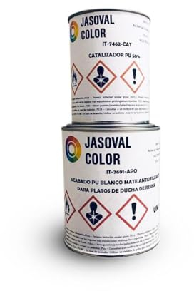 Jasoval Color Pintura Antideslizante para Platos de Ducha de Resina - Kit de 2 Componentes (1kg Pintura + 0,5kg Catalizador) - Variedad de Colores con Certificación Antideslizante (Blanco)
