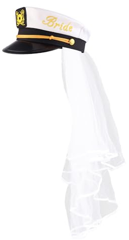 Brosash Bachelorette Party Captain's Hat - Cute Bride to Be Nautical Bachelorette Hat | Fun Bridal Shower Accessories Decor Wedding (with Veil) White