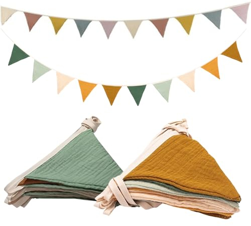Fabric Bunting Banner,Triangle Baby Bunting for Nursery,Double Sided Colorful Cotton Bunting Garland for Garden Tea Wedding Shower Girls Boys Birthday Bedroom Decoration (Beige+GREEN)