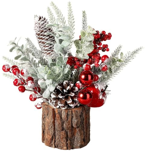 Kleiner Weihnachtsbaum Kunstpflanze im topf, 30cm Hoch Künstlicher Weihnachtsbaum Tischdekoration mit Apfel, Tannenzapfen und Beere für Weihnachten, Party, Heimdekoration (Stil B)
