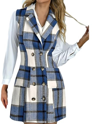 Generisk damväst elegant lång rutig jacka övergångsväst ärmlösa damvästar med knappar ulljacka silm fit ullrock vinter övergångsjacka ärmlös kostymväst blazer sportig lång blazer, blå, XXL