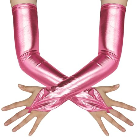 ATHX Damen Wet Look Glänzende Kostüm Handschuhe 1980er Jahre Metallic Spandex Fingerlose Oper Lange Handschuhe Zubehör, Pink, Einheitsgröße