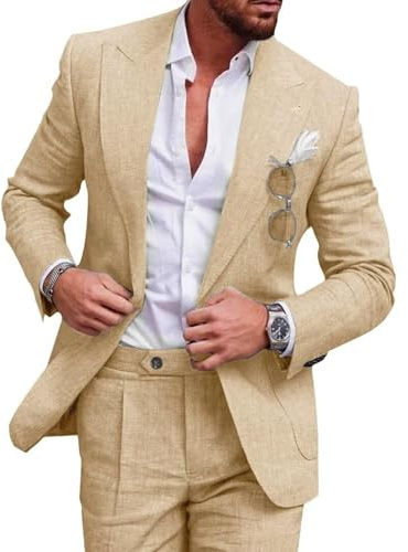 Linen Suit for Men Casual Summer Wedding 2 Piece Suit Set, Champagne, S