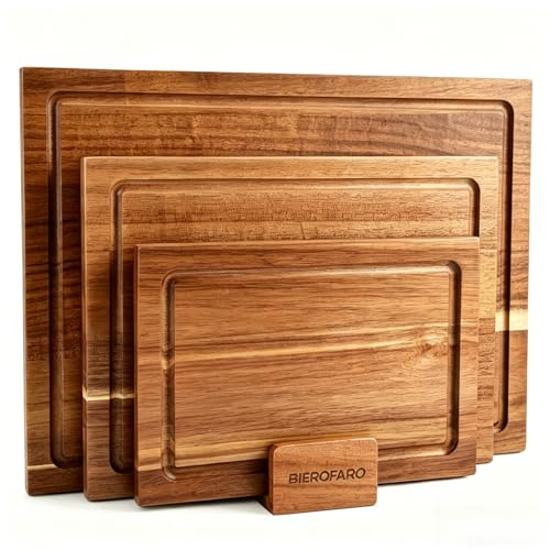 Acacia Wooden Chopping Boards for Kitchen, Cutting Board Set of 3, Reversible Wooden Cutting Board Set with Handle, Butcher Block Wooden Trays for Meat, Fruit Vegetable and Cheese