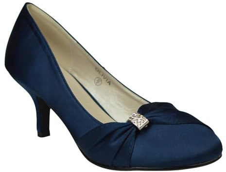 Women’s Satin Low Kitten Heel Court Shoes – Diamante Buckle Bridal Bridesmaid Prom Party Heels for Wedding-Navy 7 UK