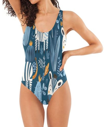 RPLIFE Cute Cartoon Zebras Cactus Blue Bathing Suits Women One-Piece, Open Back Swimsuit, Padded Bathing Suits for Women, Cute Cartoon Zebras Cactus Blue, XL