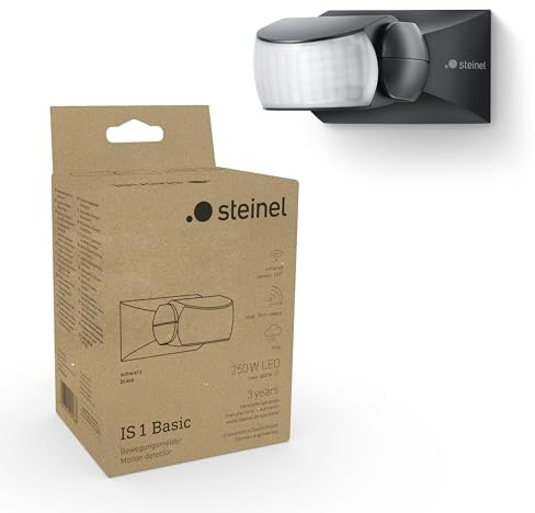 Steinel is 1 Basic Motion Detector, 120° Sensor, 10 m Range, Outdoor and Indoor Use, IP54, Surface-Mounted on Wall and Ceiling, Black