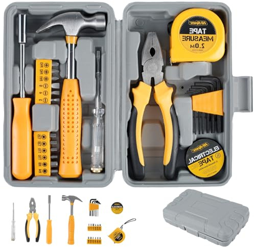 24Pcs Home Tool Kit Set, Multi-Purpose Mini Tool Kit Include Hammer Allen Key Set Electrical Tape Screwdriver Test Pen Plier Bits, 9.8×7.9×2 Inches