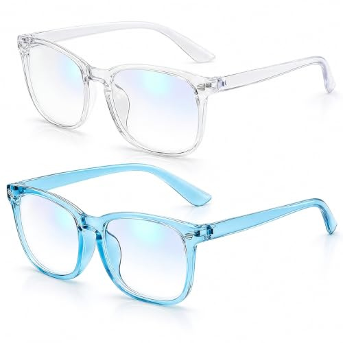 HYMC 2PCS Kids blue light glasses, kids glasses, Clear Lens, Blue Light Blocking, Plastic Frame, Acrylic Lens, Unisex, blue light glasses kid (Clear White & Transparent Blue)
