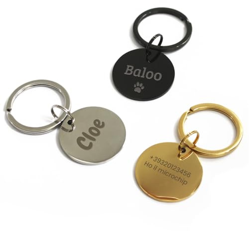 LASERO’ Medaglietta Cane e Gatto Personalizzata Tonda in Acciaio – Medagliette Identificative con Incisione Laser – 3 Colori (Nero, Argento, Oro) – Targhetta Identificativa per Accessori Cane e Gatto