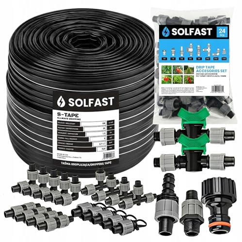 SOLFAST Tropfschlauch Set 100m 16mm 20cm Abstand 1,5L/h – Bewässerungssystem Komplettset mit Zubehör (24 Teile) – Tropfbewässerung Garten, Feld & Gewächshaus