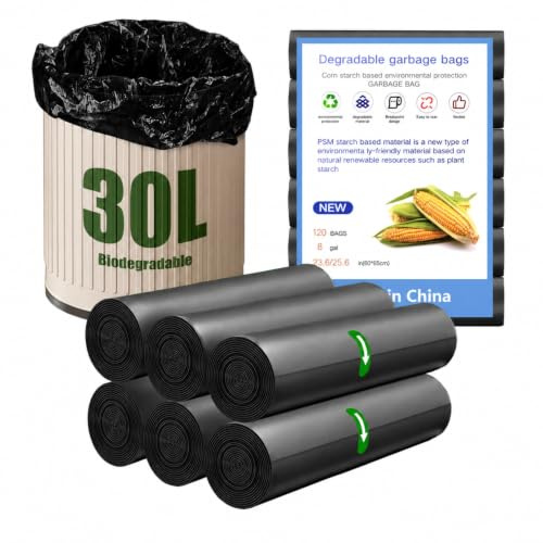 NARYVORA 120 Piezas Bolsas Basura Biodegradable 30L, 6 Rollen 60x65cm Bolsa Basura, 8 Gal Prueba de Fugas Bolsas de Basura para Sala de Estar, Cocina, Baño, Oficina, Negro