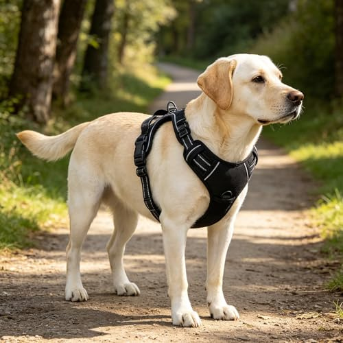 Meisax Harnais Chien Anti Traction pour Chien Moyen, Noir, M | Réfléchissant et Réglable , Deux Boucles de Sécurité, Tissu Oxford Respirant Durable, Facile à Mettre et Enlever