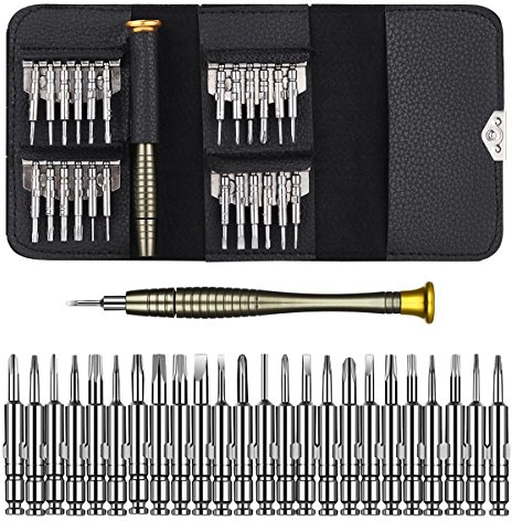 VEECEE Tournevis Précision Mini 25 en 1 Kit de Tournevis Outils de Réparation pour iphone, Portable Laptop, Montre, Bijoux, Jouets, Lunettes etc Set avec étui en Cuir