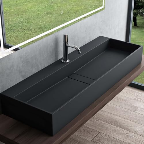 Mai & Mai Waschbecken Aufsatzwaschbecken Hängewaschbecken aus Mineralguss 120x40x14cm in Anthrazit matt mit Armaturloch Col6028