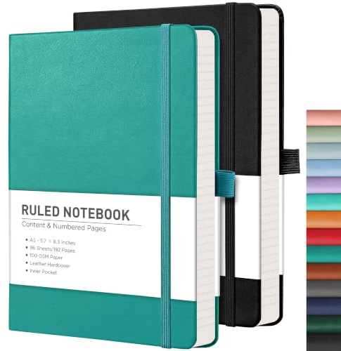 RETTACY Notizblock, A5, liniert, Leder-Tagebuch mit 376 nummerierten linierten Seiten, Hardcover-Notizbuch, 2 Haftnotizen, 8 perforierte Blätter, Stiftschlaufe, Innentasche, 14,5 x 21 cm