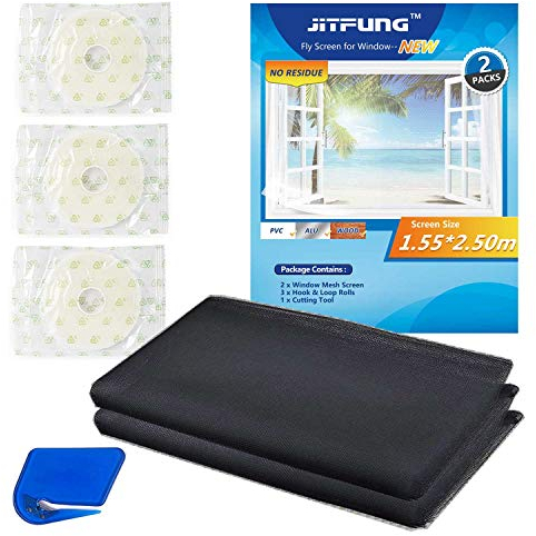 JIT-FUNG Fliegengitter Fenster, Zuschneidbares Moskitonetz, Insektenschutz mit Starkem Klettband [SPURLOS] & Zuschneider, Fliegen Netz ohne Bohren – Schwarz, 250 x 155 cm (Bienenwabe, 2er-Set)