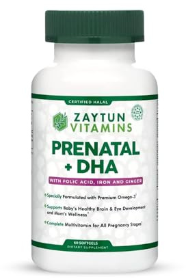Zaytun Vitamins Halal Prenatal Vitamins + DHA, Folic Acid Iron, Ginger for Soothing, One Daily, for All Pregnancy Stages, Gluten Free, Non-GMO, 60 Softgels, 2 Months Supply, USA Made, Halal Vitamins